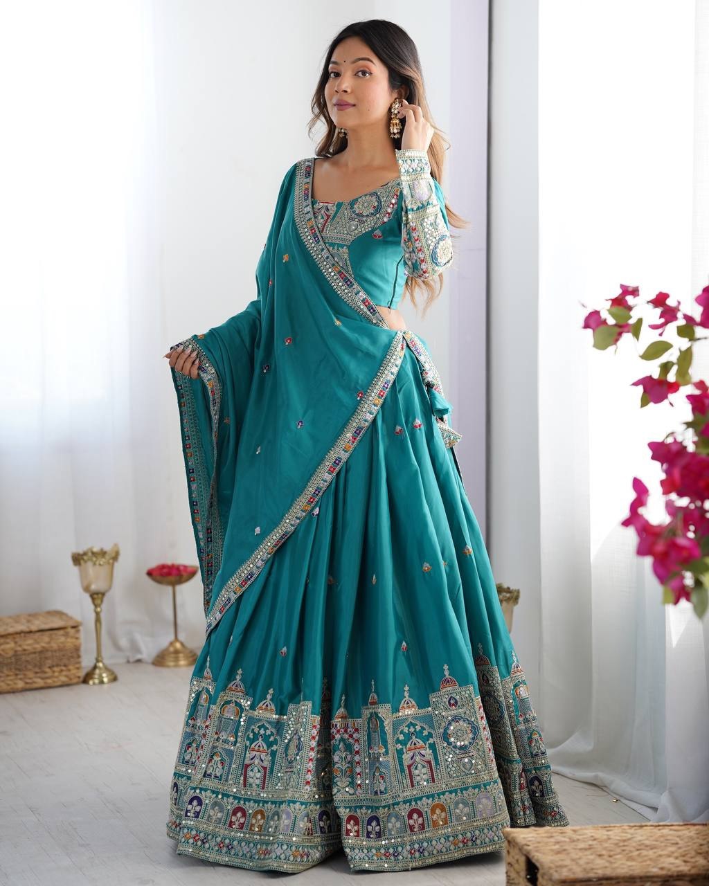 Teal Blue Sequins Embroidery Work Lehenga Choli