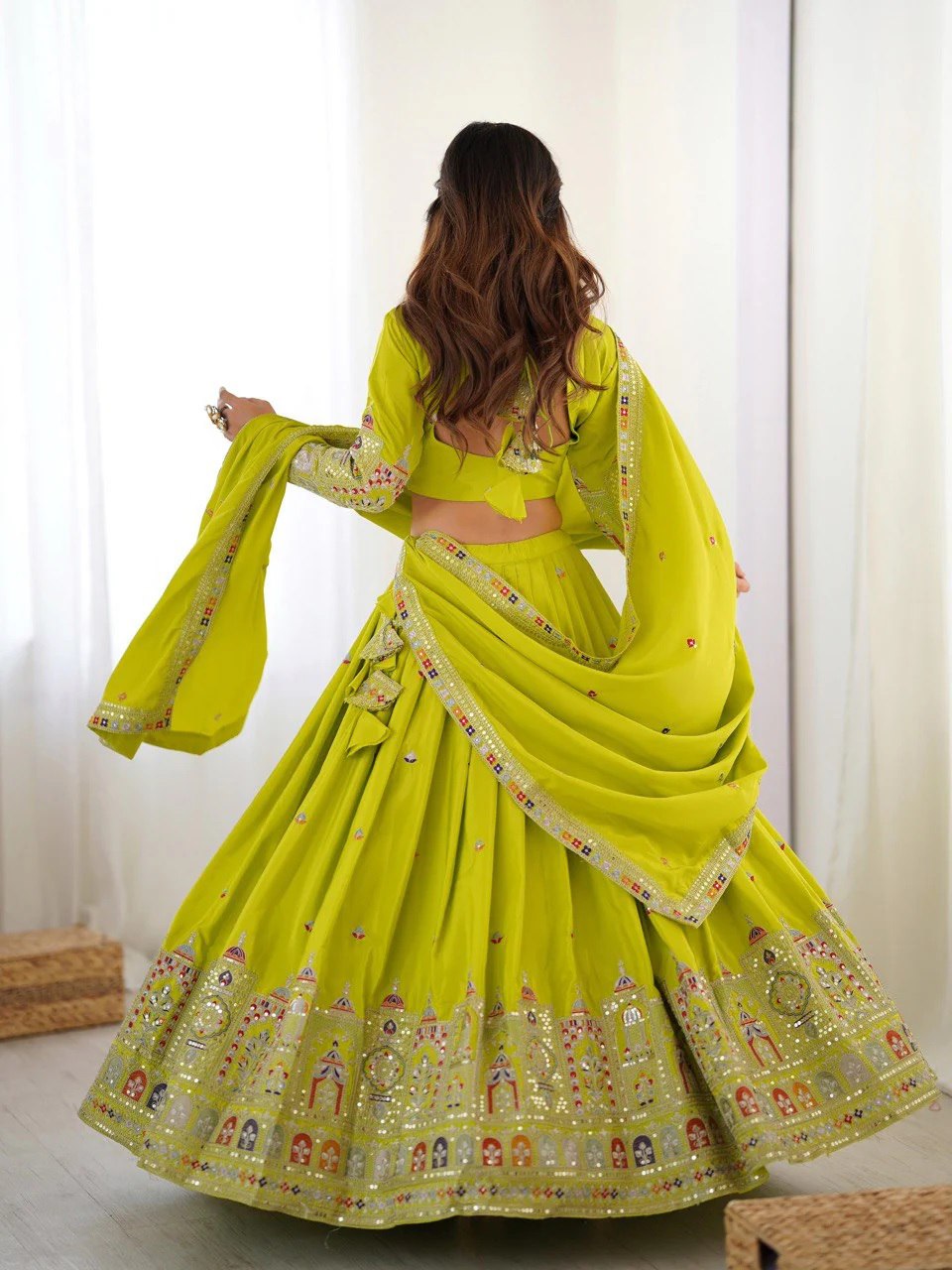 Lime Yellow Sequins Embroidery Work Lehenga Choli