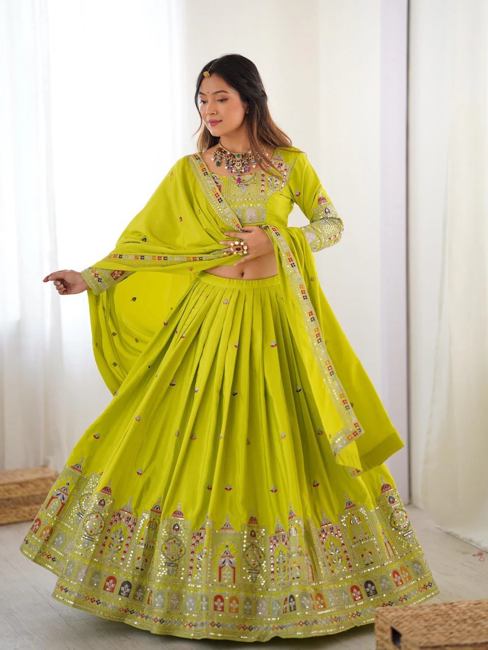 Lime Yellow Sequins Embroidery Work Lehenga Choli