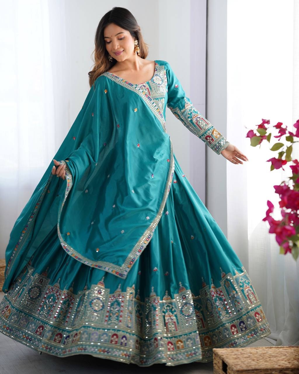 Teal Blue Sequins Embroidery Work Lehenga Choli