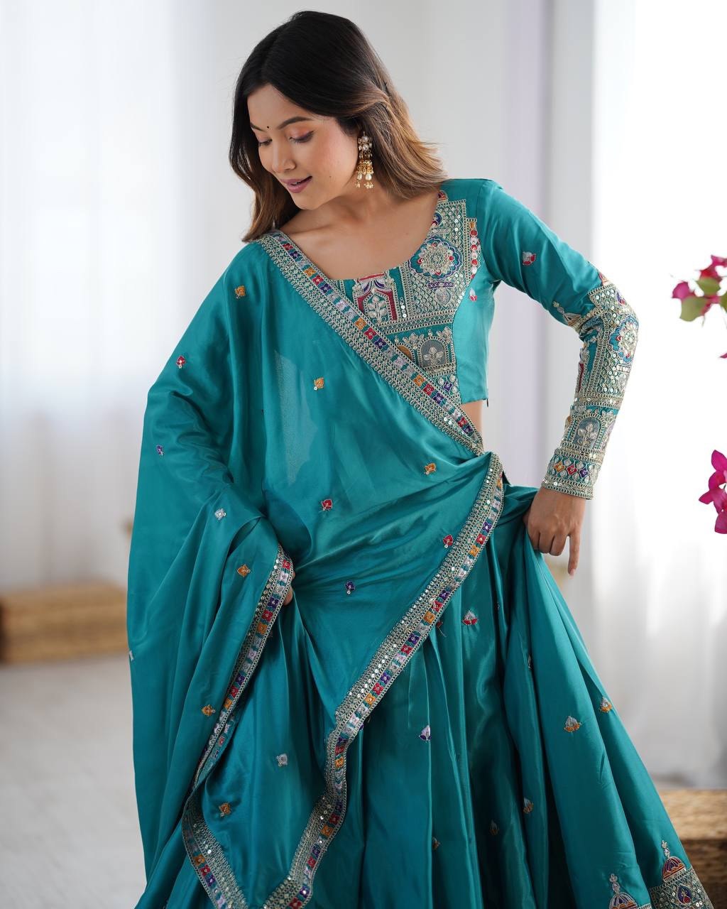 Teal Blue Sequins Embroidery Work Lehenga Choli