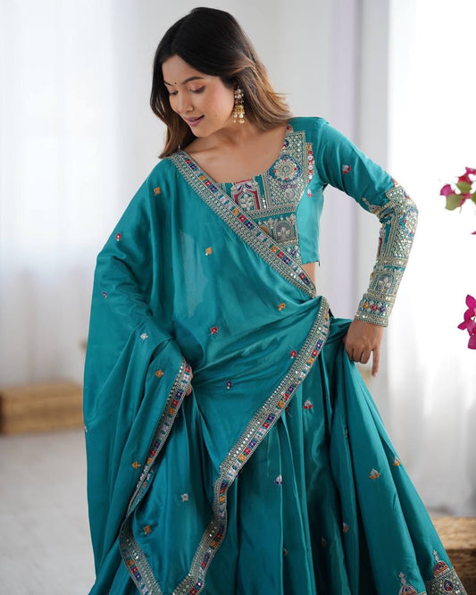 Teal Blue Sequins Embroidery Work Lehenga Choli