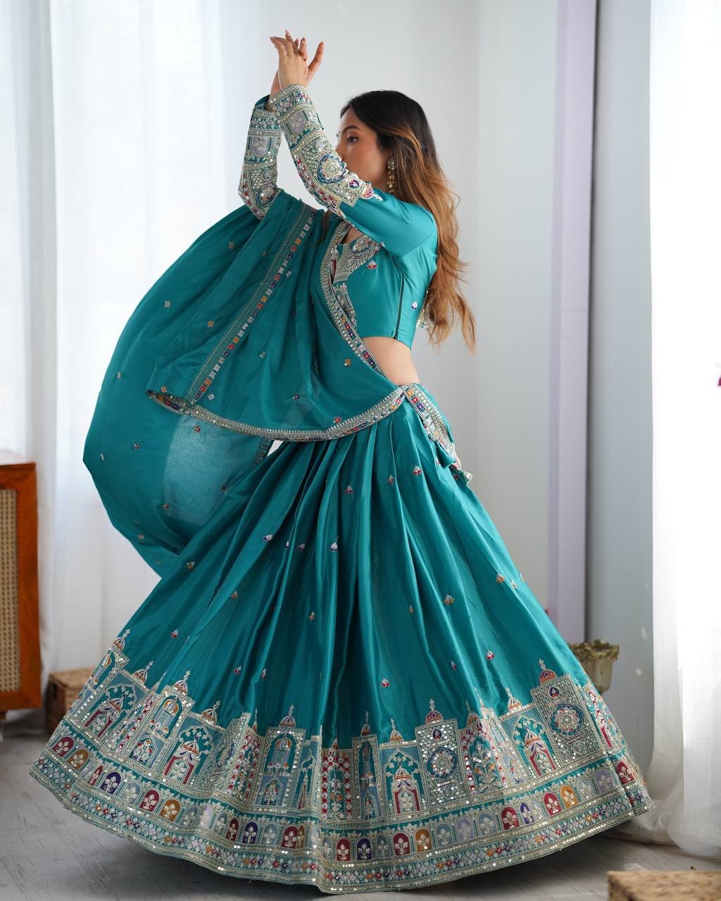 Teal Blue Sequins Embroidery Work Lehenga Choli