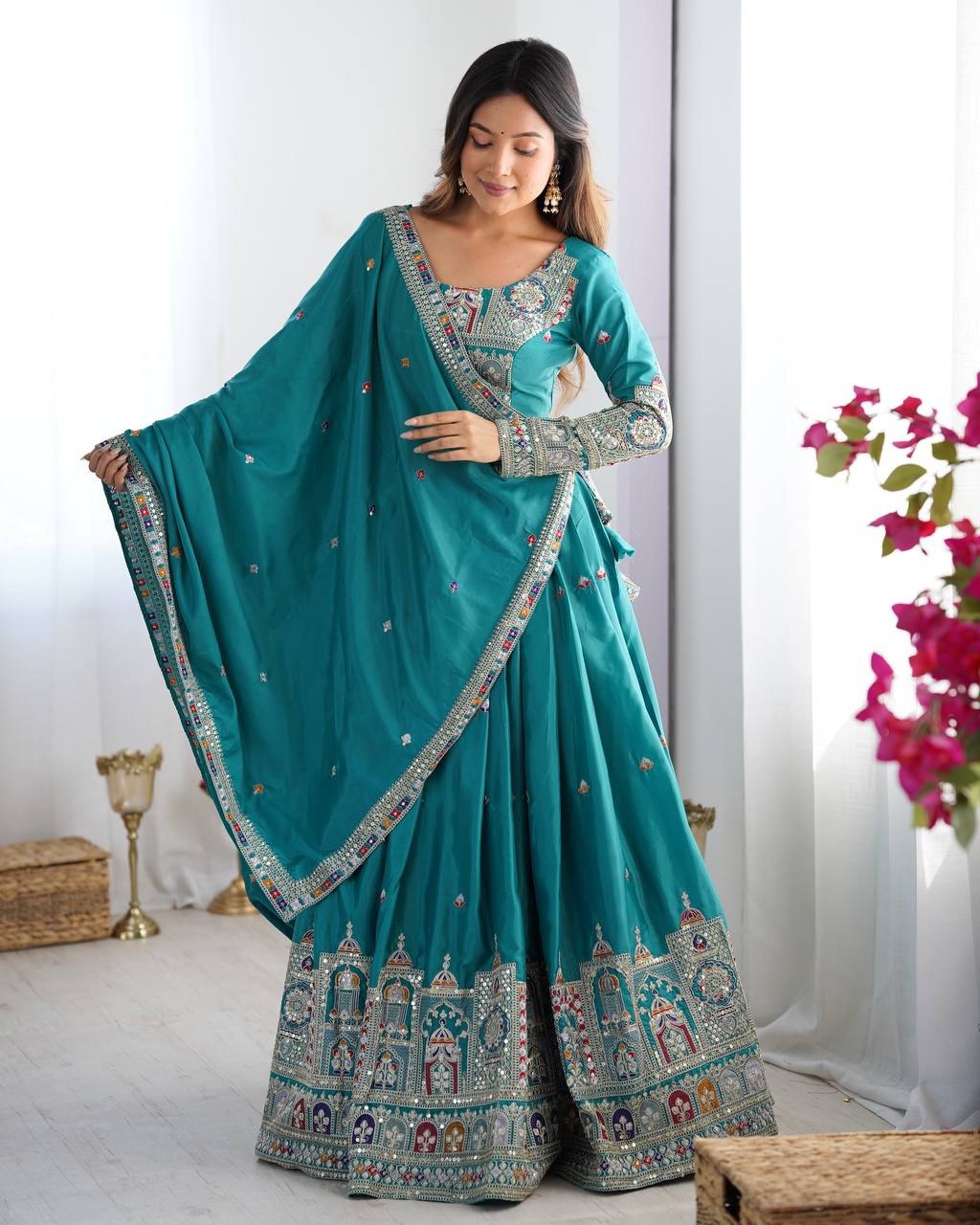 Teal Blue Sequins Embroidery Work Lehenga Choli