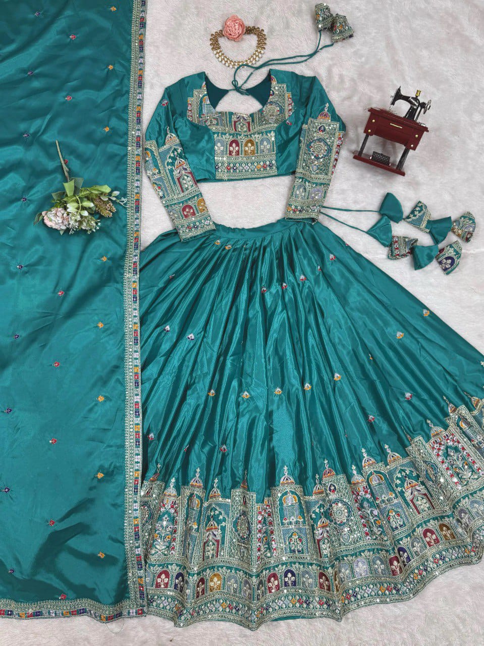 Teal Blue Sequins Embroidery Work Lehenga Choli