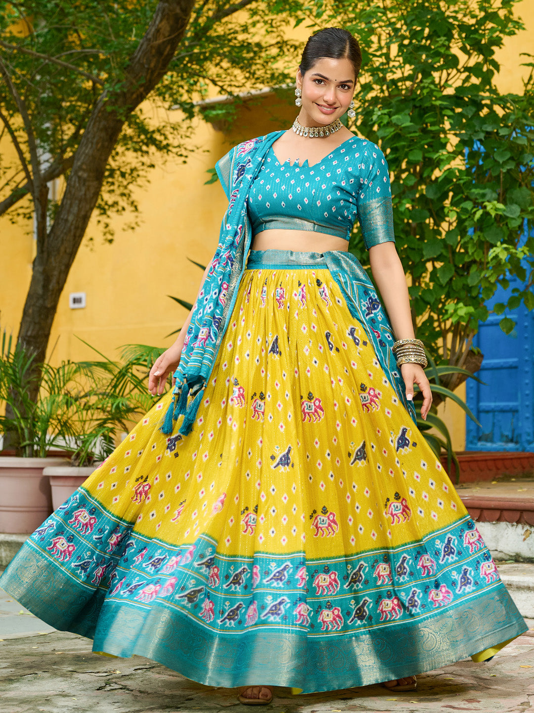 Yellow Lichi Silk Jacquard Lehenga Choli with Zari Lining & Traditional Print