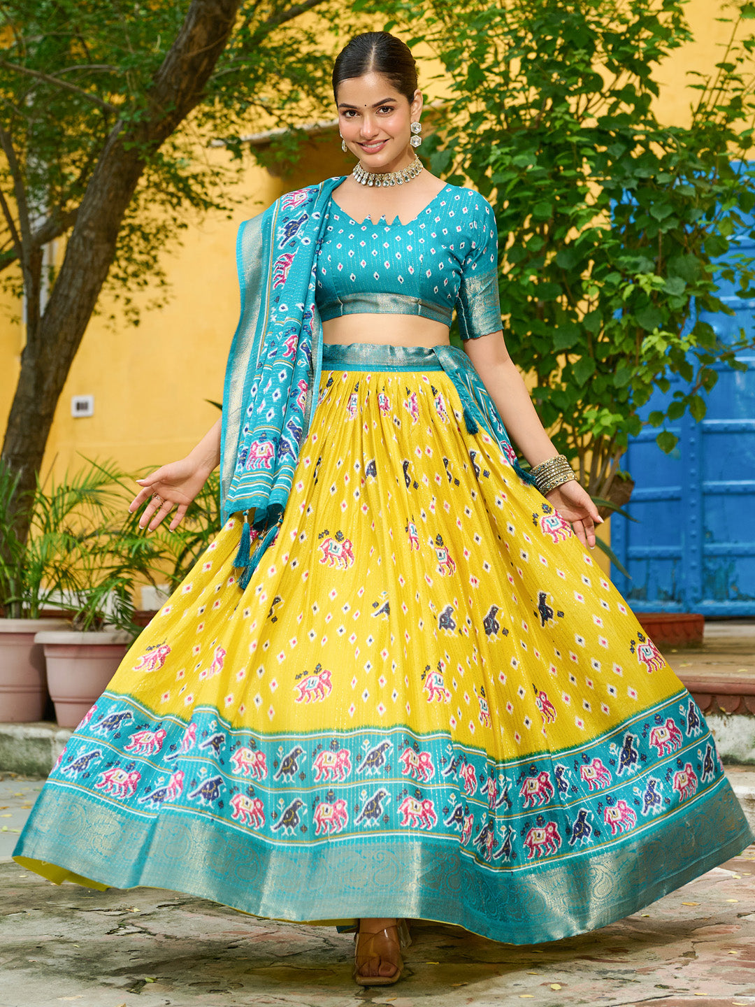Yellow Lichi Silk Jacquard Lehenga Choli with Zari Lining & Traditional Print