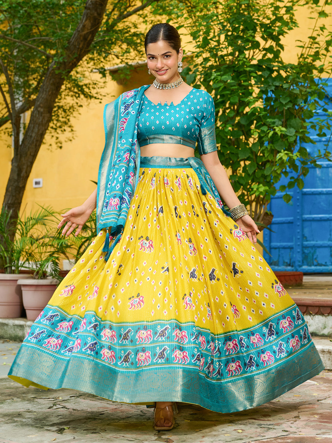 Yellow Lichi Silk Jacquard Lehenga Choli with Zari Lining & Traditional Print
