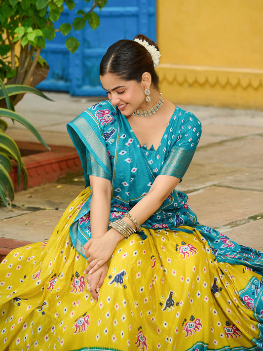 Yellow Lichi Silk Jacquard Lehenga Choli with Zari Lining & Traditional Print