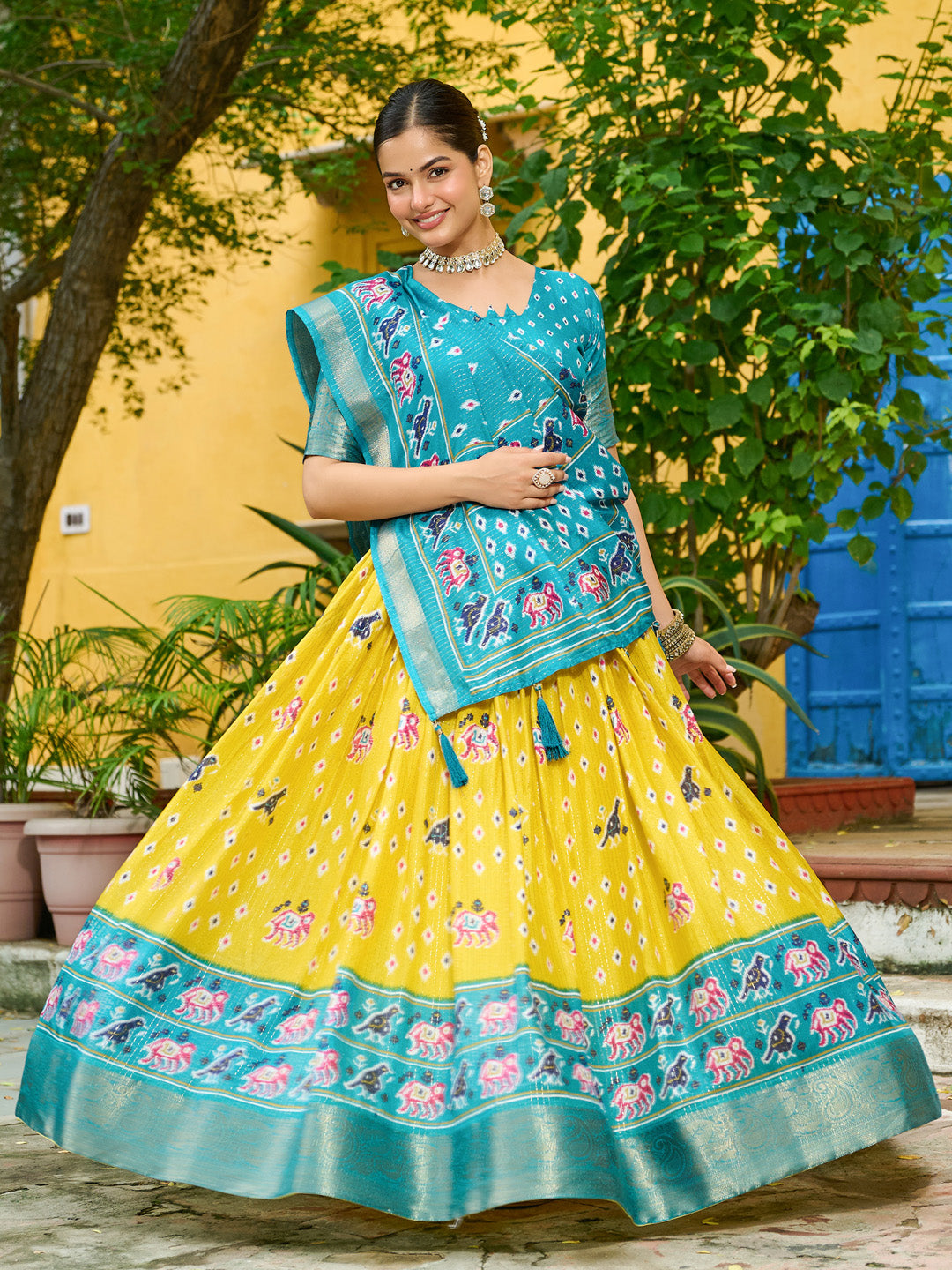 Yellow Lichi Silk Jacquard Lehenga Choli with Zari Lining & Traditional Print