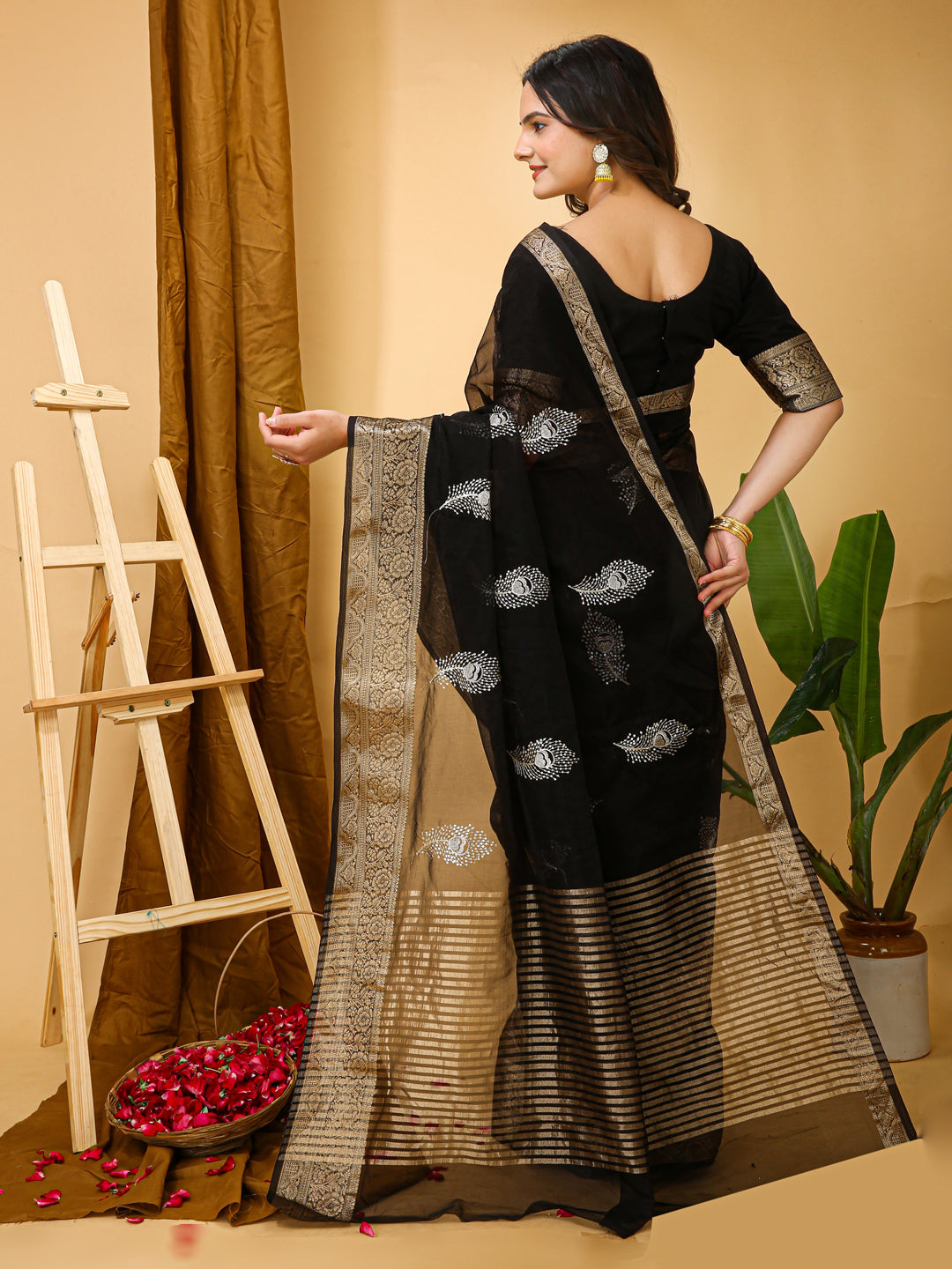 Black Organza Multi-Sequence Saree with Raw Silk Blouse