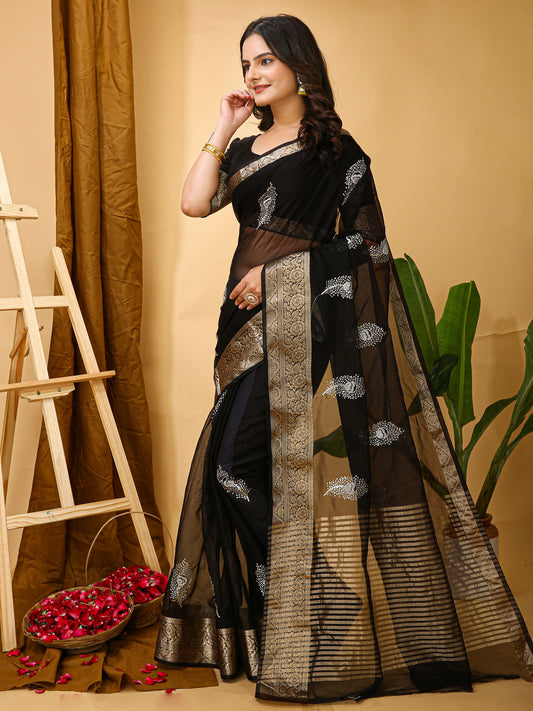 Black Organza Multi-Sequence Saree with Raw Silk Blouse