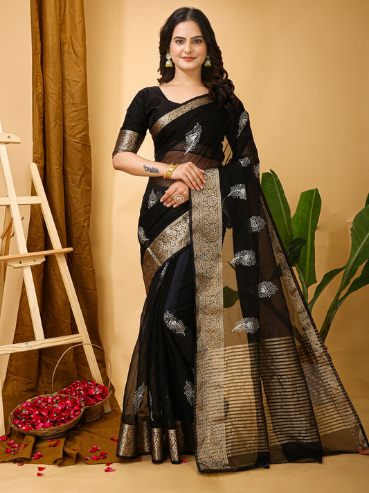 Black Organza Multi-Sequence Saree with Raw Silk Blouse
