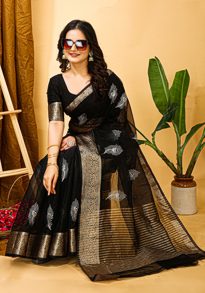 Black Organza Multi-Sequence Saree with Raw Silk Blouse