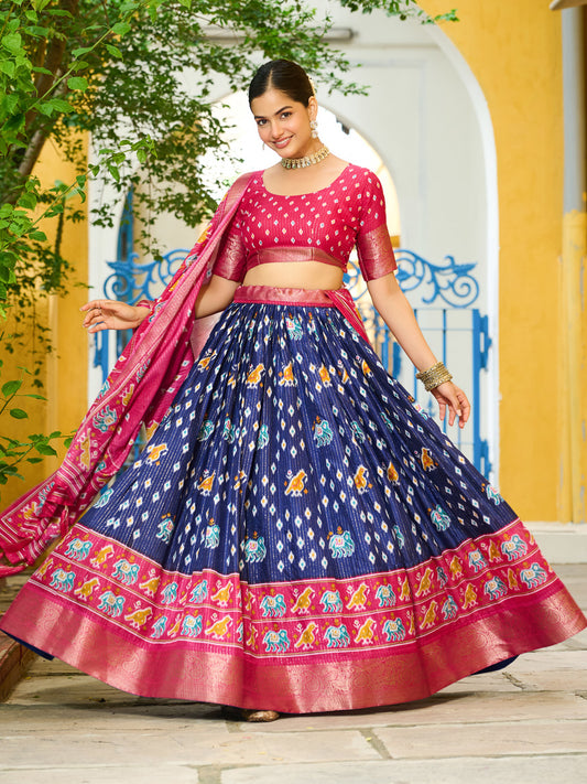 Blue Lichi Silk Jacquard Lehenga Choli with Zari Lining & Traditional Print