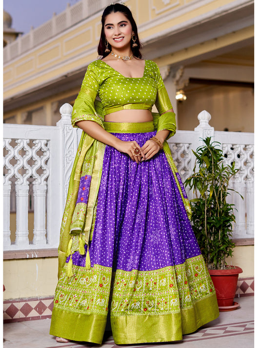 Blue Lichi Silk Printed Lehenga Choli Set