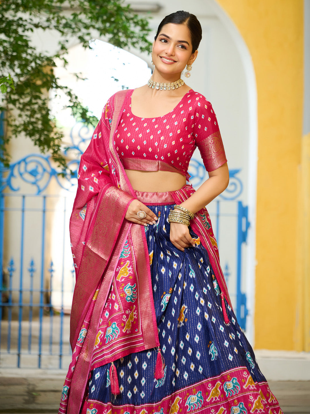 Blue Lichi Silk Jacquard Lehenga Choli with Zari Lining & Traditional Print