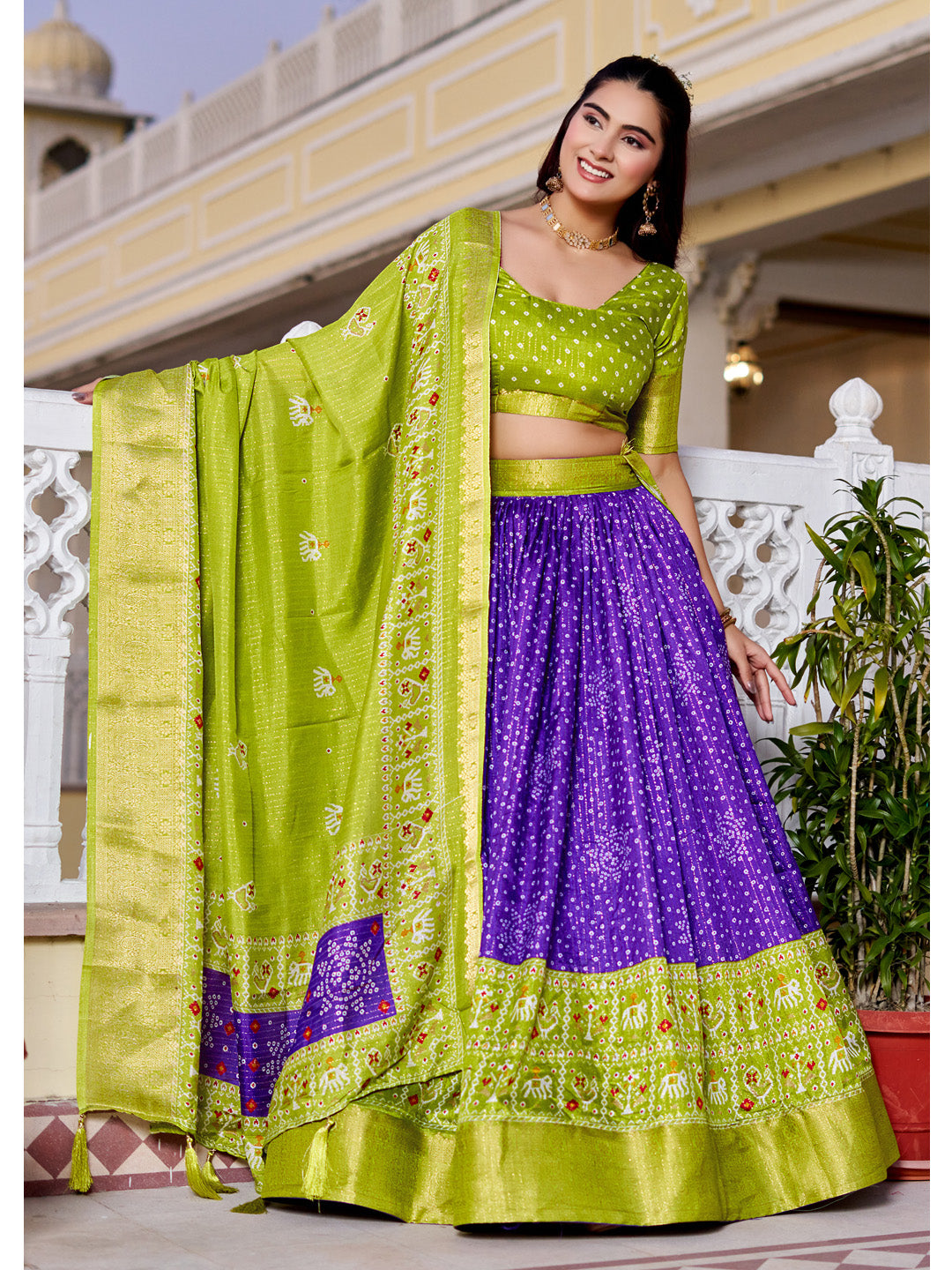 Blue Lichi Silk Printed Lehenga Choli Set