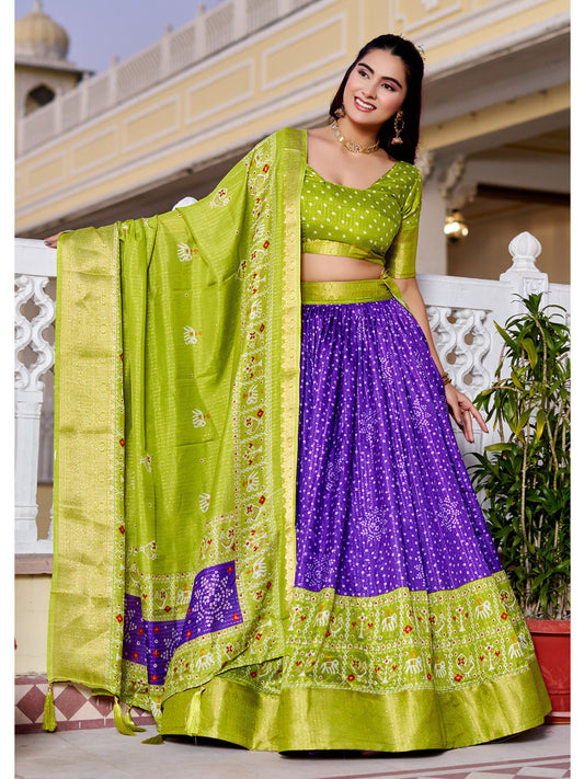 Blue Lichi Silk Printed Lehenga Choli Set