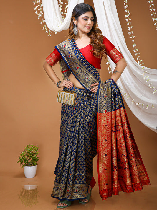 Navy Blue Lichi Silk Jacquard Saree with Beautiful Rich Pallu
