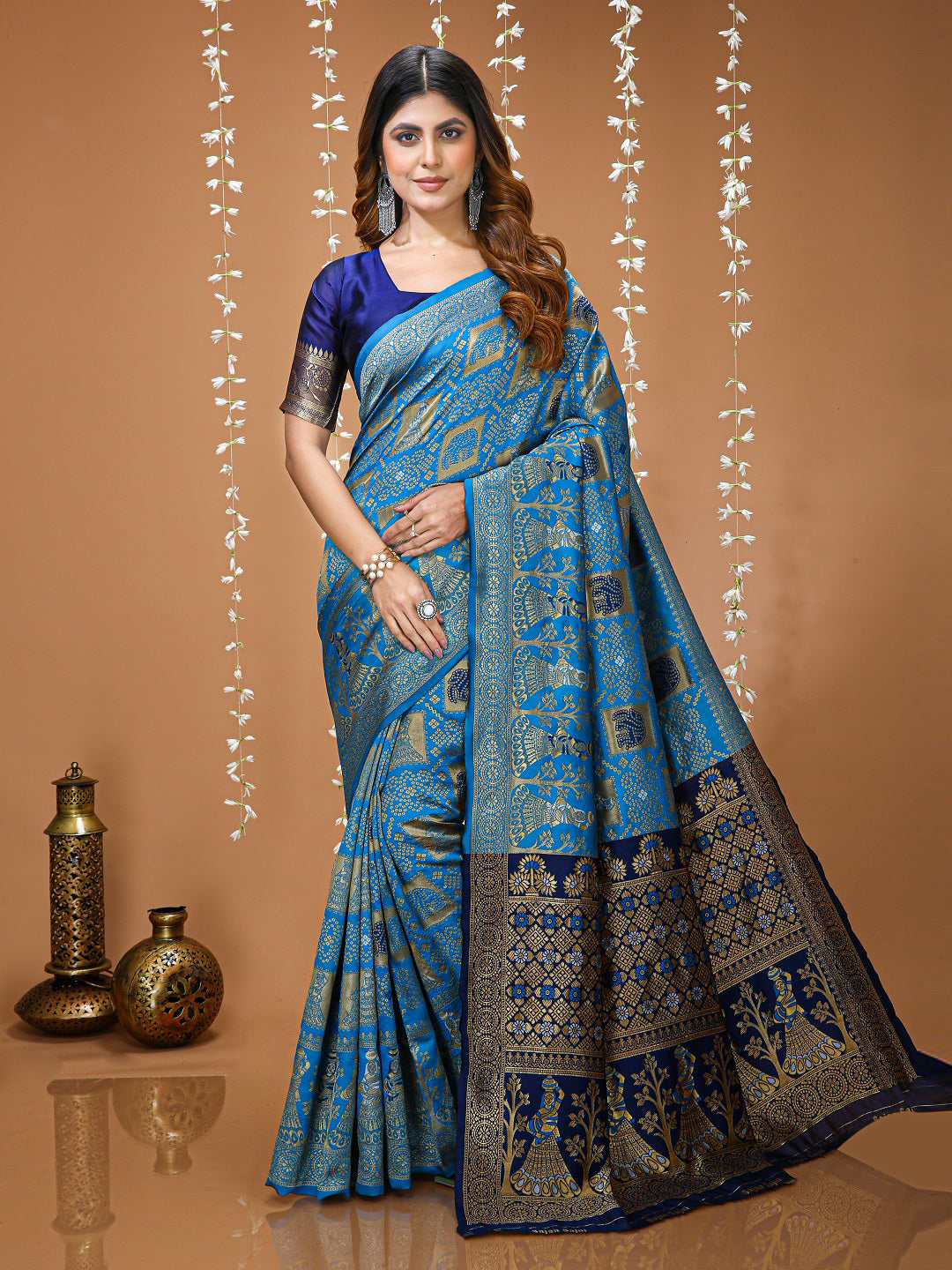 Sky Blue Soft Lichi Silk Saree with All-Over Jacquard Work