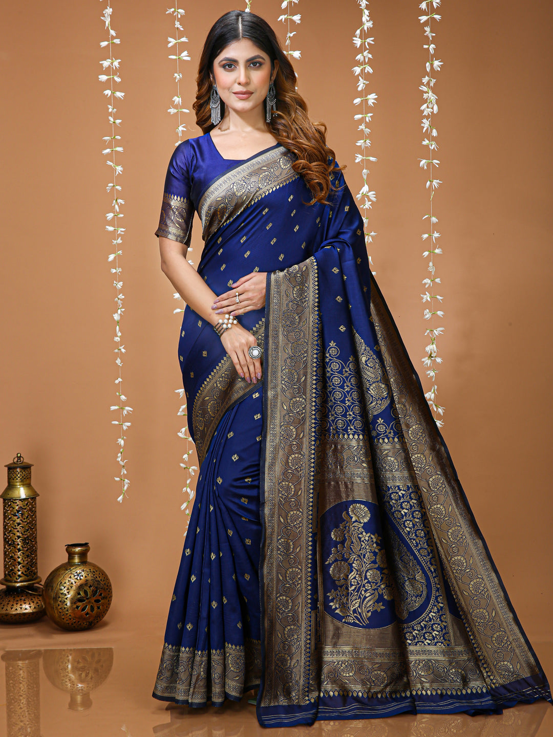 Navy Blue Lichi Silk Saree with Elegant Butta Work & Rich Pallu