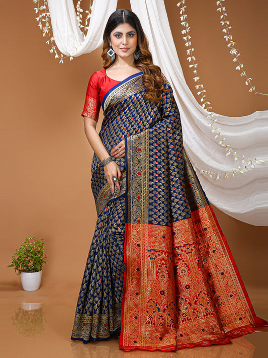 Navy Blue Lichi Silk Jacquard Saree with Beautiful Rich Pallu