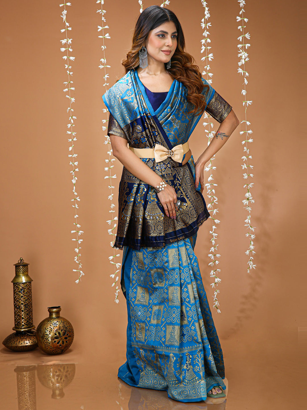 Sky Blue Soft Lichi Silk Saree with All-Over Jacquard Work