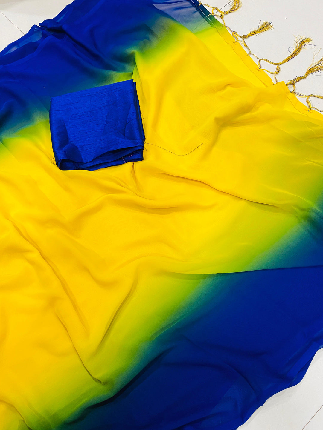 Blue and Yellow Georgette Saree with Bangalore Silk Blouse