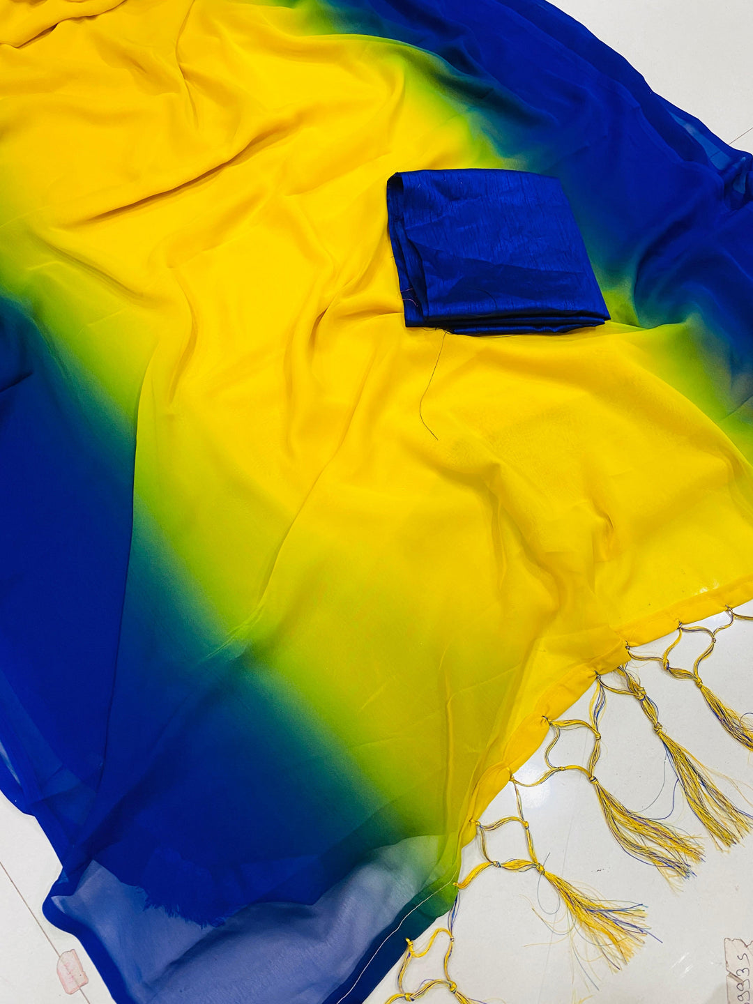 Blue and Yellow Georgette Saree with Bangalore Silk Blouse