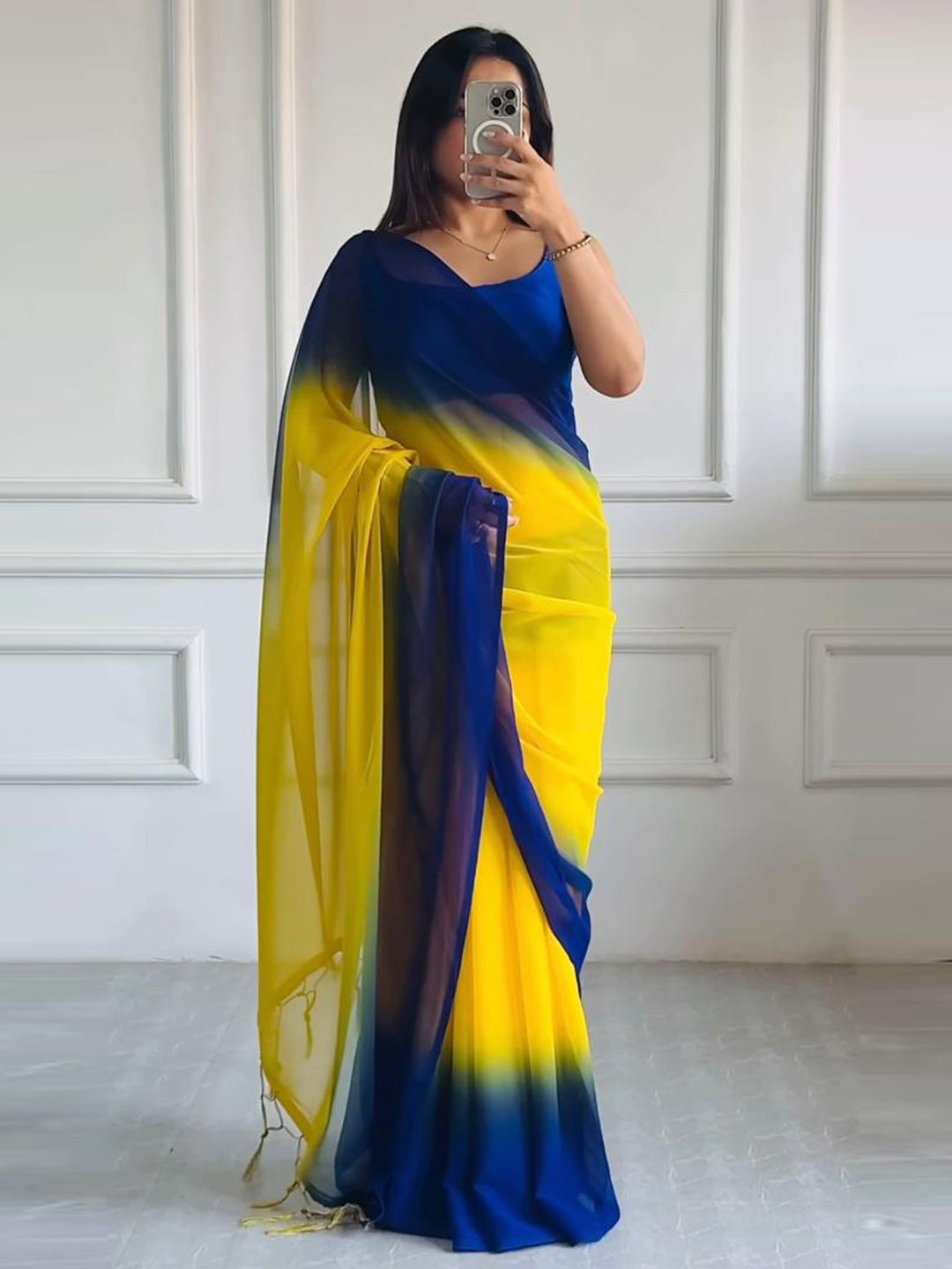 Blue and Yellow Georgette Saree with Bangalore Silk Blouse