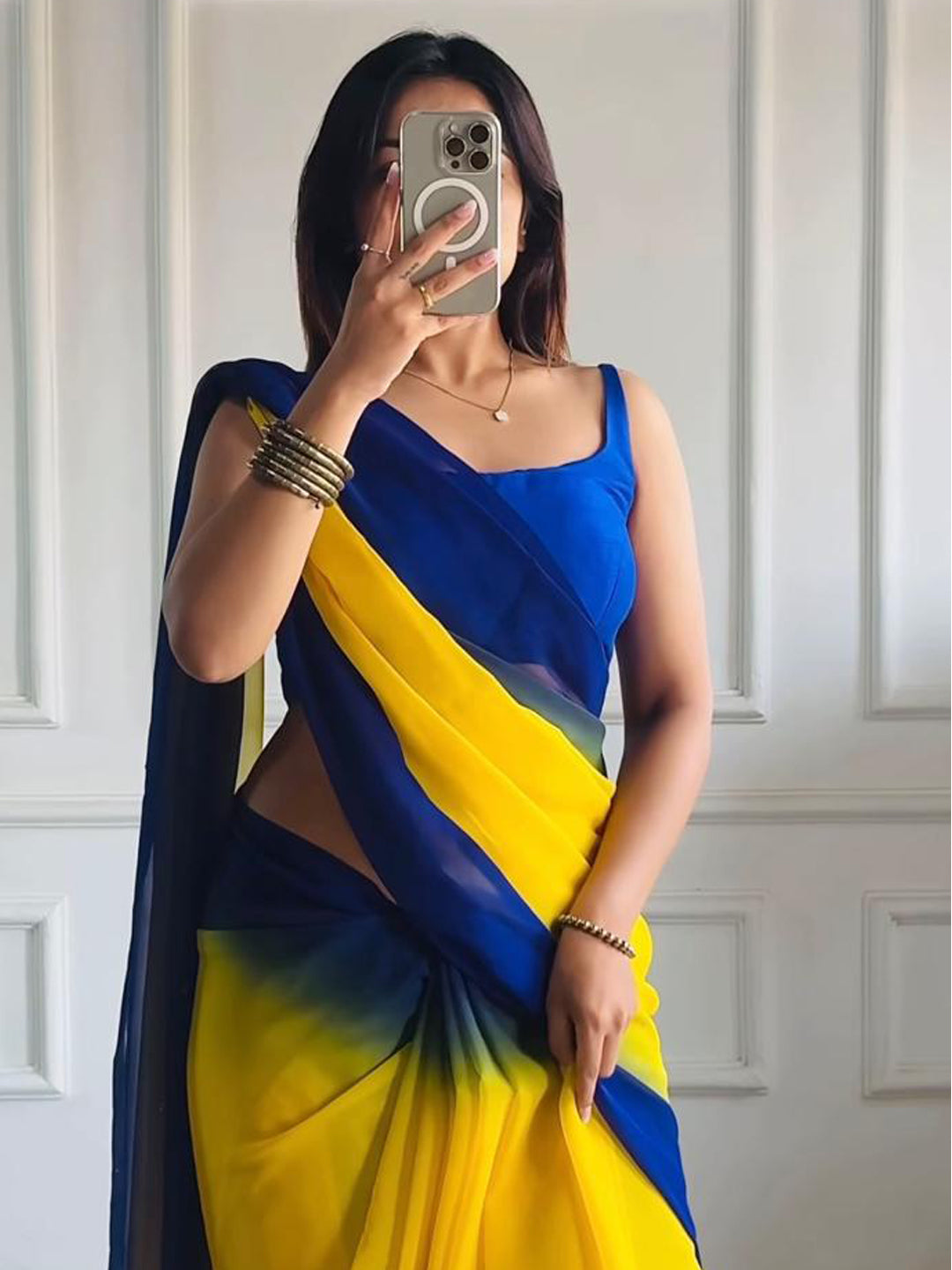 Blue and Yellow Georgette Saree with Bangalore Silk Blouse