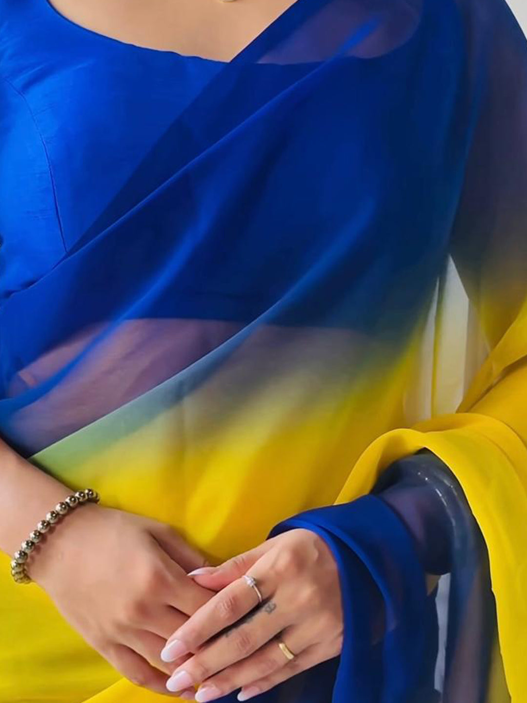 Blue and Yellow Georgette Saree with Bangalore Silk Blouse