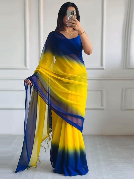 Blue and Yellow Georgette Saree with Bangalore Silk Blouse