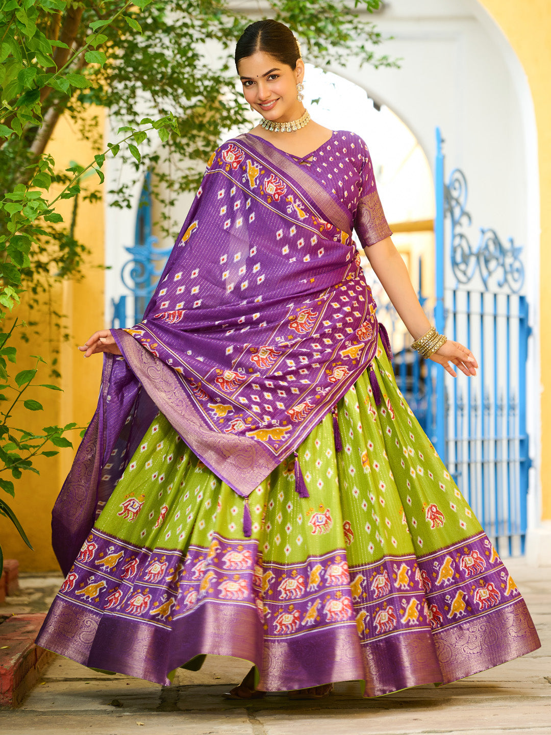 Mehandi Lichi Silk Jacquard Lehenga Choli with Zari Lining & Traditional Print