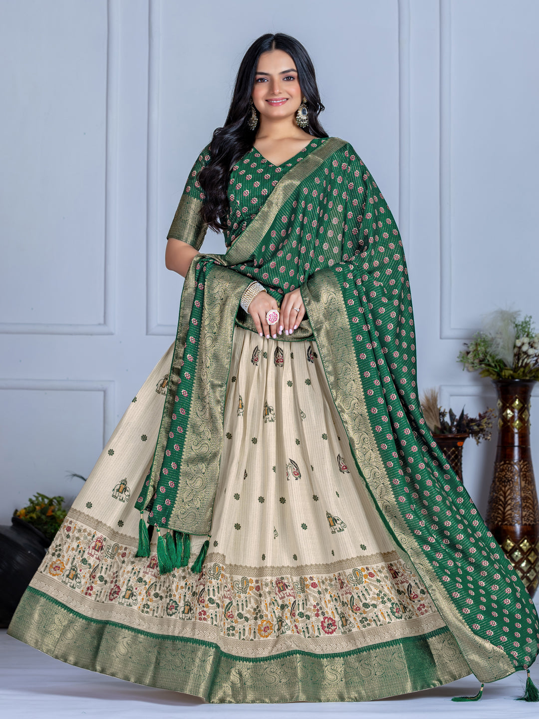 Heavy Lichi Silk Jacquard Lehenga Choli with Jari Lining & Matching Dupatta
