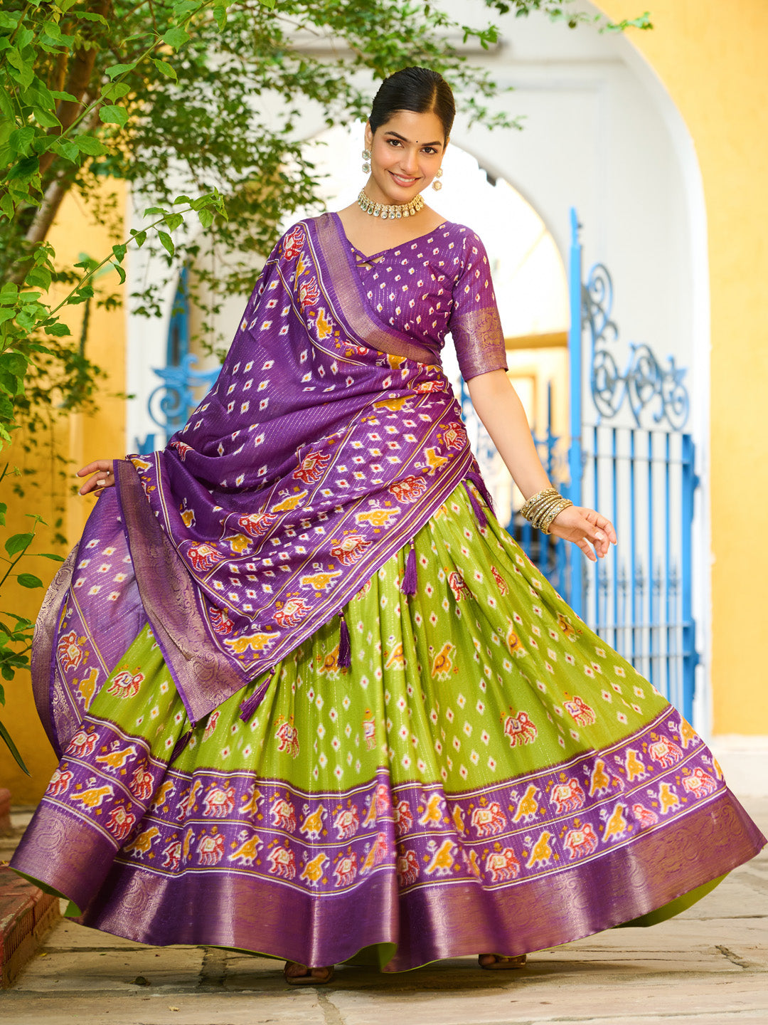 Mehandi Lichi Silk Jacquard Lehenga Choli with Zari Lining & Traditional Print