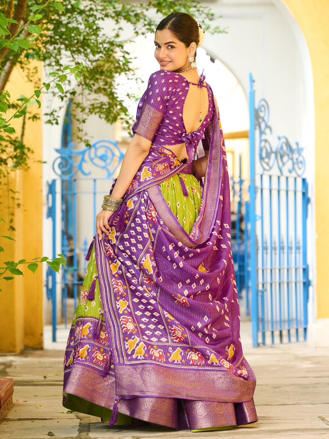 Mehandi Lichi Silk Jacquard Lehenga Choli with Zari Lining & Traditional Print