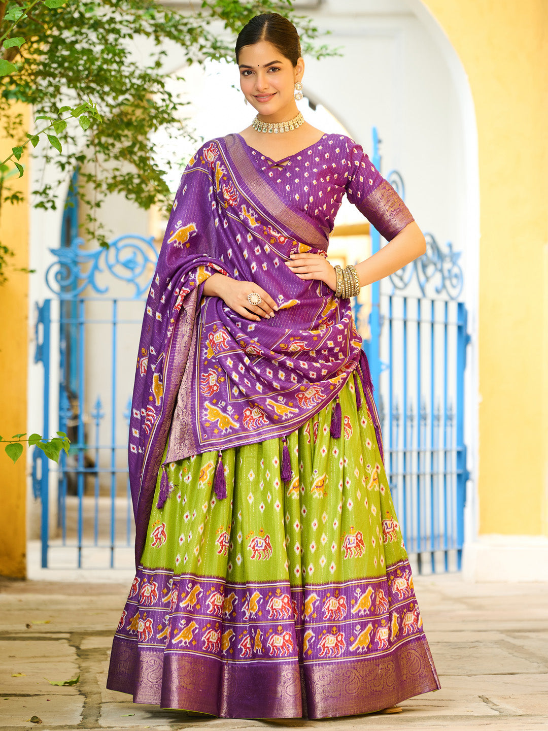 Mehandi Lichi Silk Jacquard Lehenga Choli with Zari Lining & Traditional Print