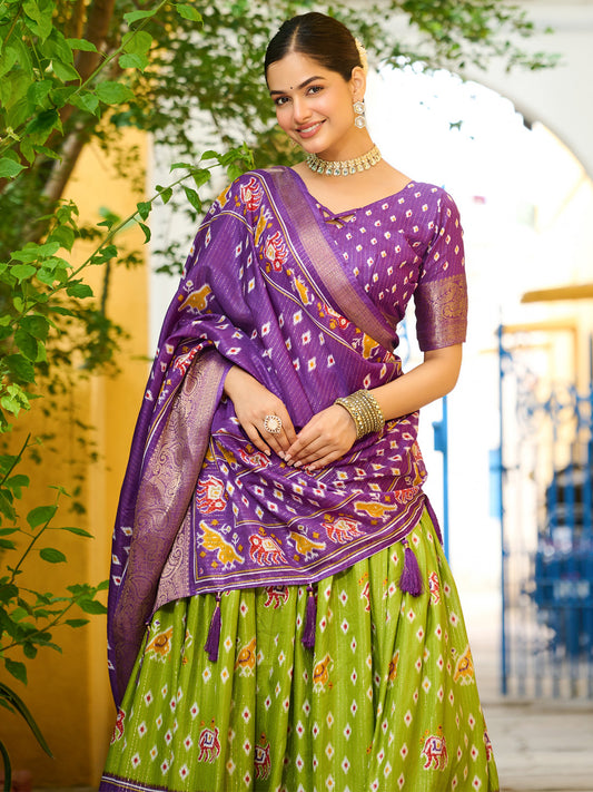 Mehandi Lichi Silk Jacquard Lehenga Choli with Zari Lining & Traditional Print