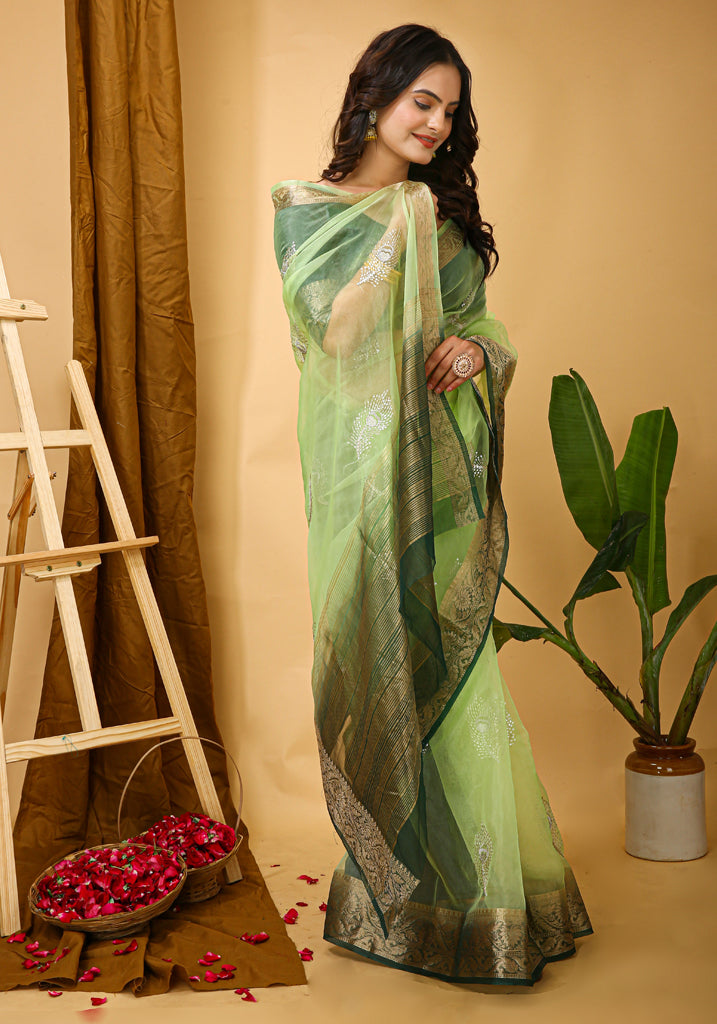 Green Organza Multi-Sequence Saree with Raw Silk Blouse