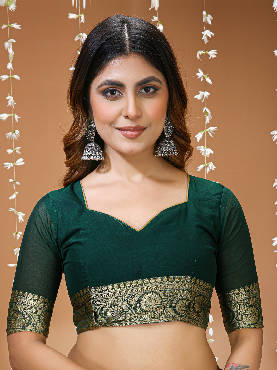 Green Chinon Jacquard Saree with Matching Blouse
