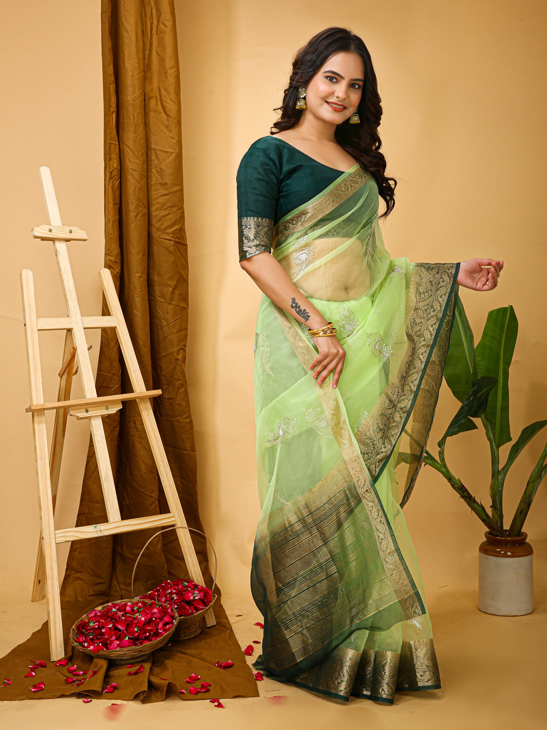 Green Organza Multi-Sequence Saree with Raw Silk Blouse