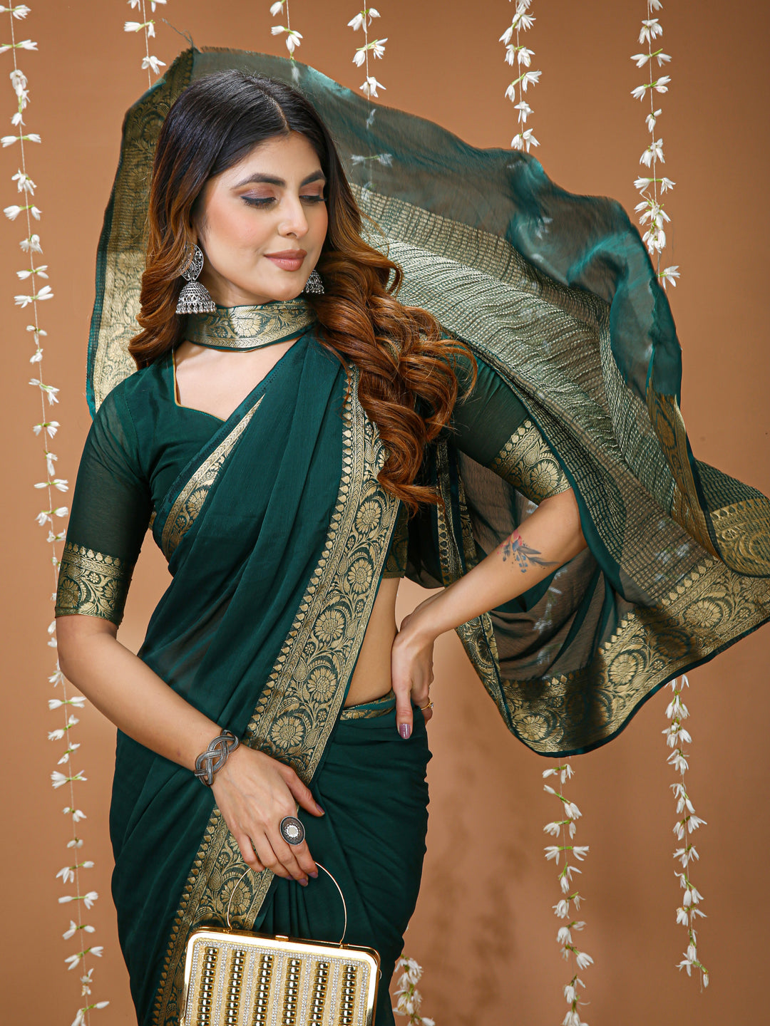 Green Chinon Jacquard Saree with Matching Blouse