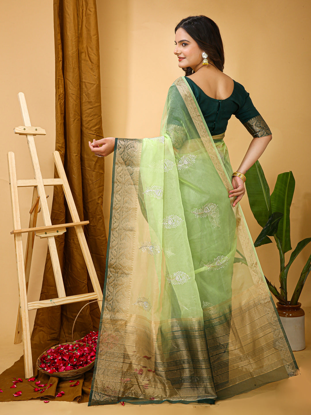 Green Organza Multi-Sequence Saree with Raw Silk Blouse