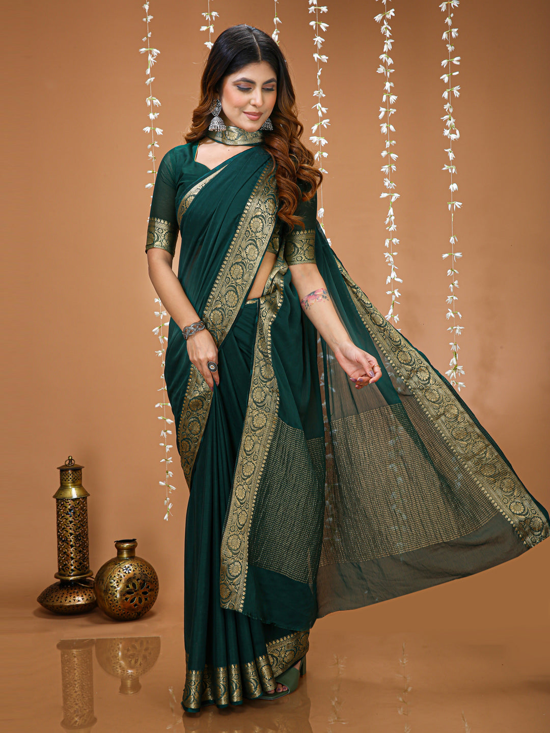 Green Chinon Jacquard Saree with Matching Blouse