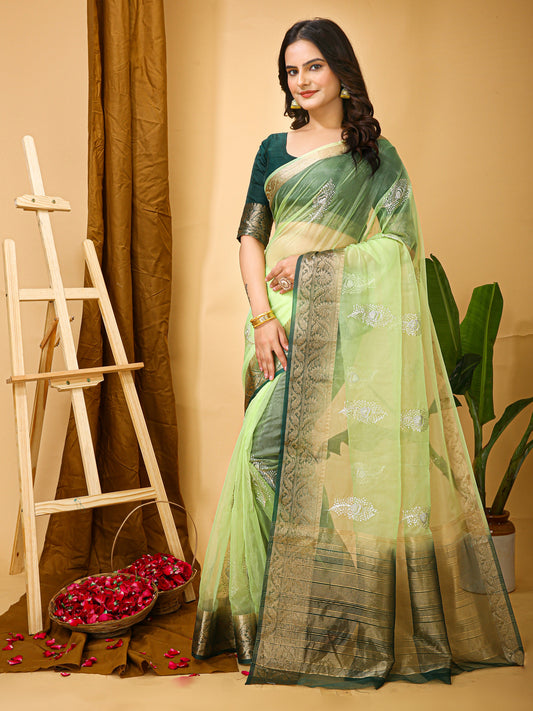 Green Organza Multi-Sequence Saree with Raw Silk Blouse