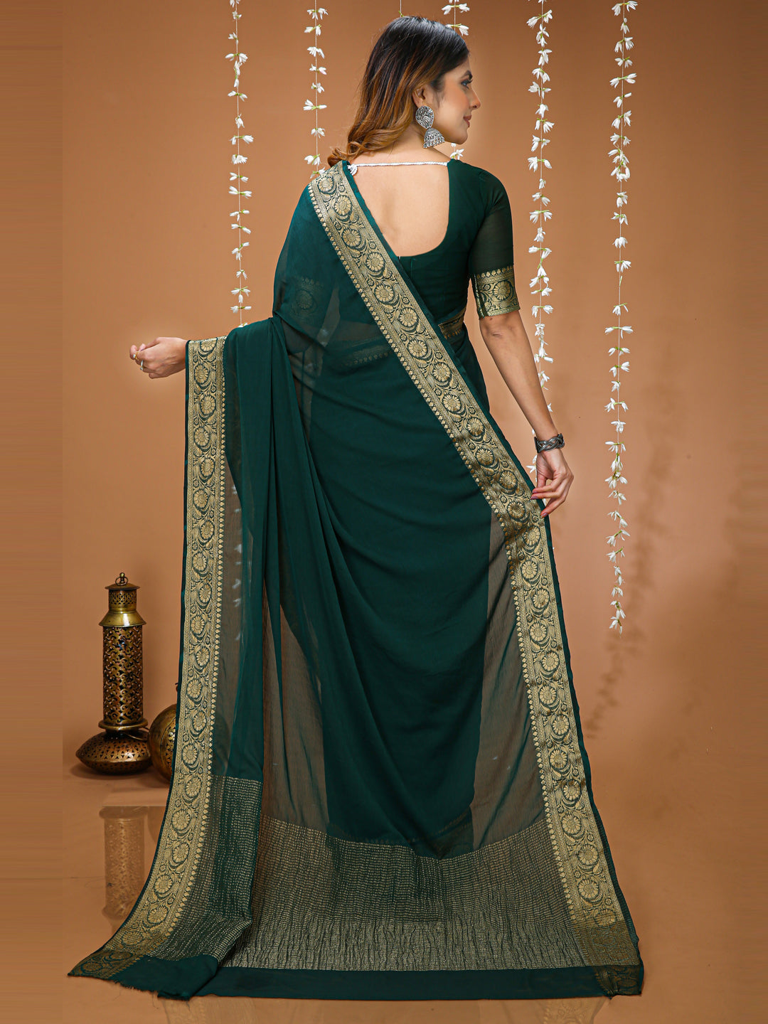 Green Chinon Jacquard Saree with Matching Blouse