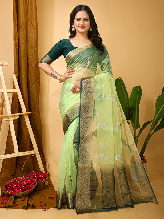 Green Organza Multi-Sequence Saree with Raw Silk Blouse
