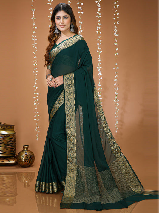 Green Chinon Jacquard Saree with Matching Blouse